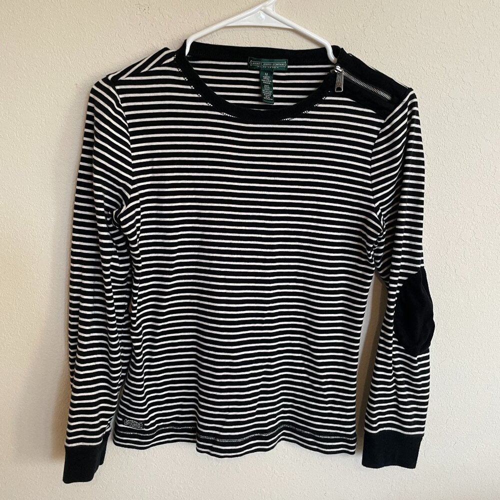 Ralph Lauren Medium Black White Striped Ribbed Long Sleeve Top 100% Cotton
